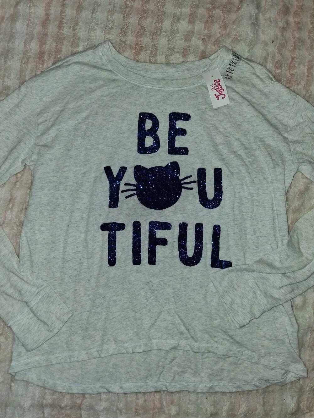 Justice Light Gray Long Sleeve Top with Navy Glitter 'BeYOUtiful' Cat Graphic
